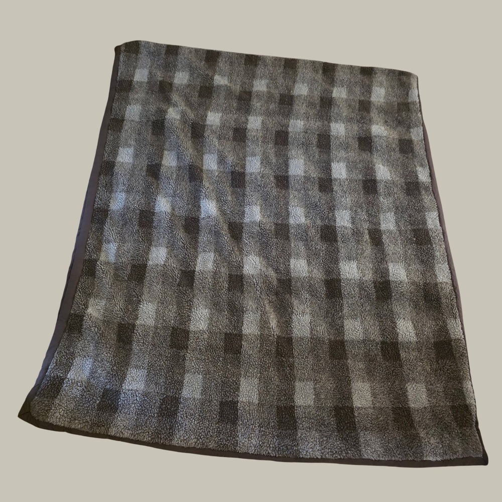 Eddie Bauer Down Throw Blanket One Size Brown Plaid Quilted Sherpa Reversible